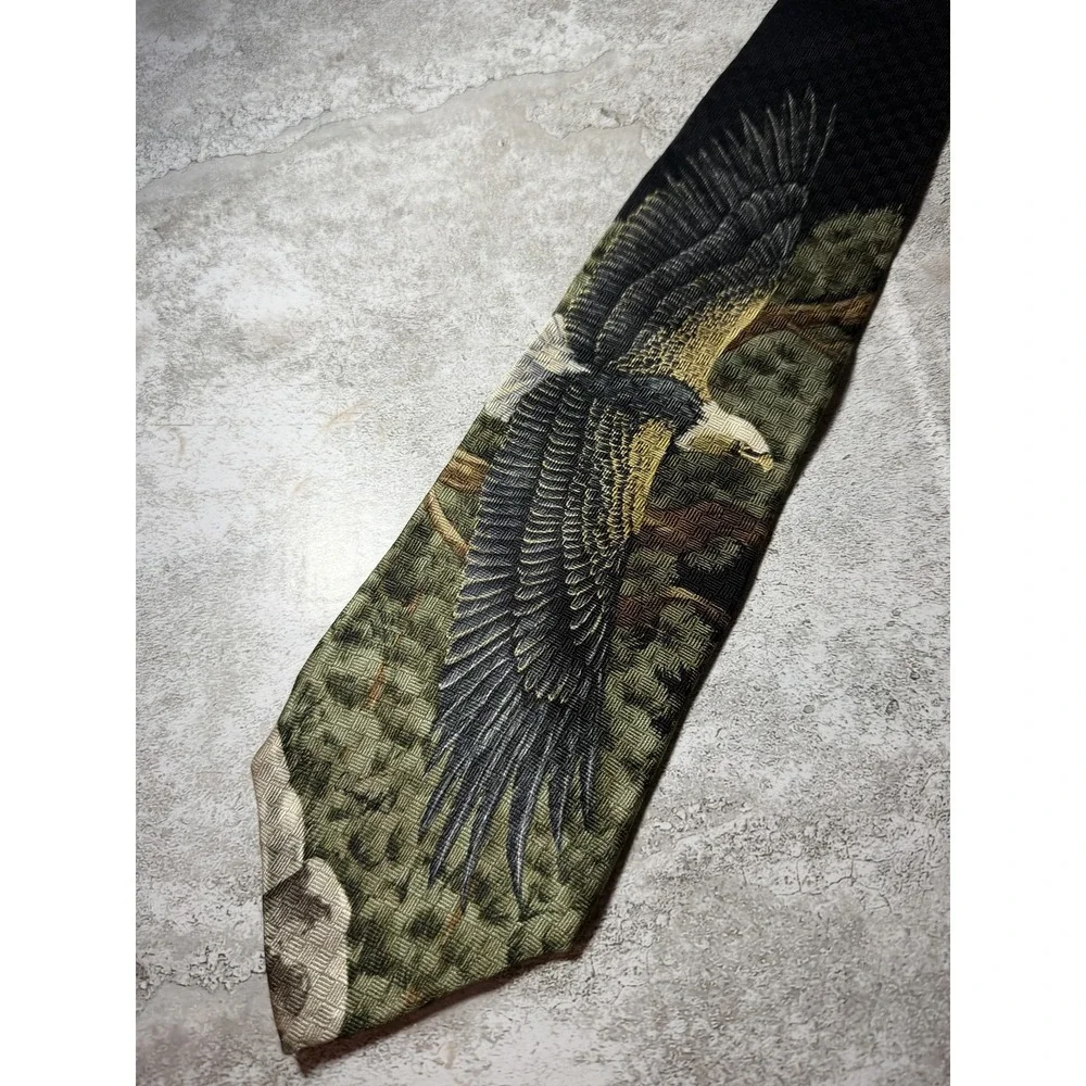 Endangered Species Tie Mens OS Eagle Wings Green Polyester Geometric  Animal
